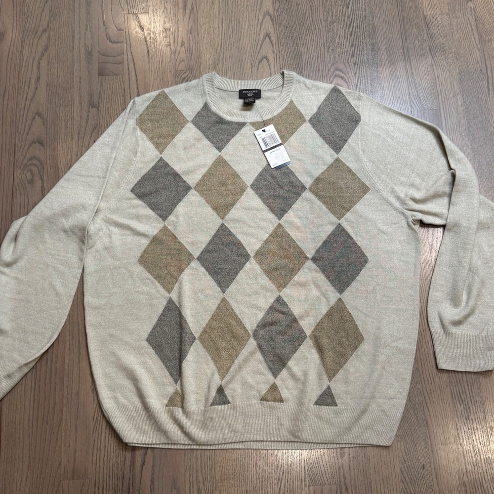 Vtg‎ Deadstock Dockers Mens 2XLT Argyle Long Sleeve Sweater Beige Acrylic Crew